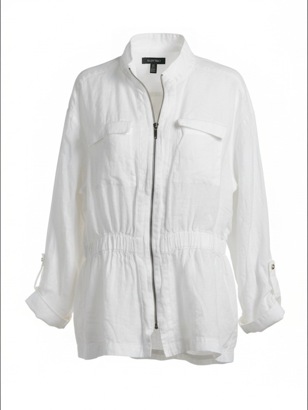 Ellen Tracy white 100% linen full-zip utility jacket.